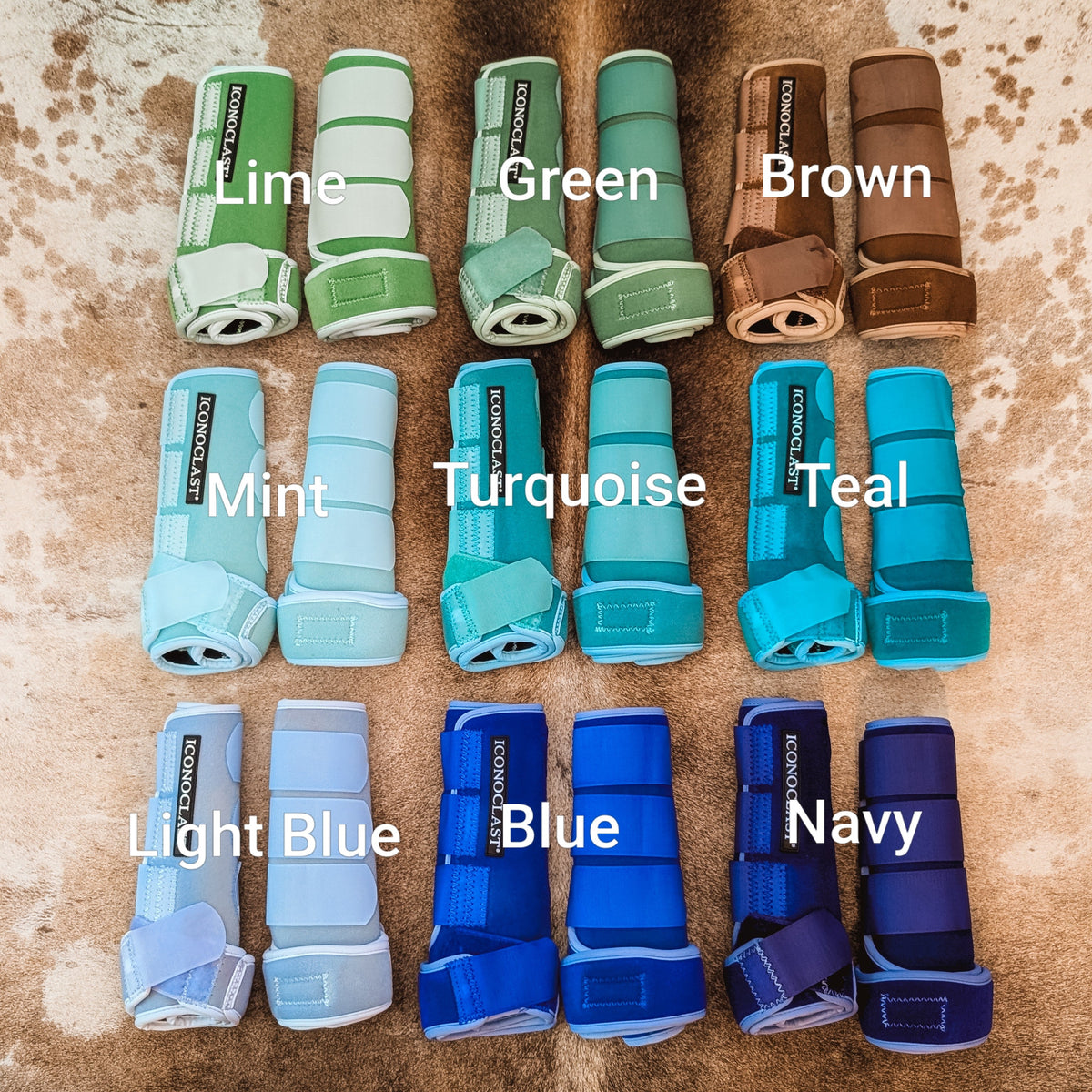 Dye color chart, cool colors: Lime, Green, Brown, Mint, Turquoise, Teal, Light Blue, Blue, Navy
