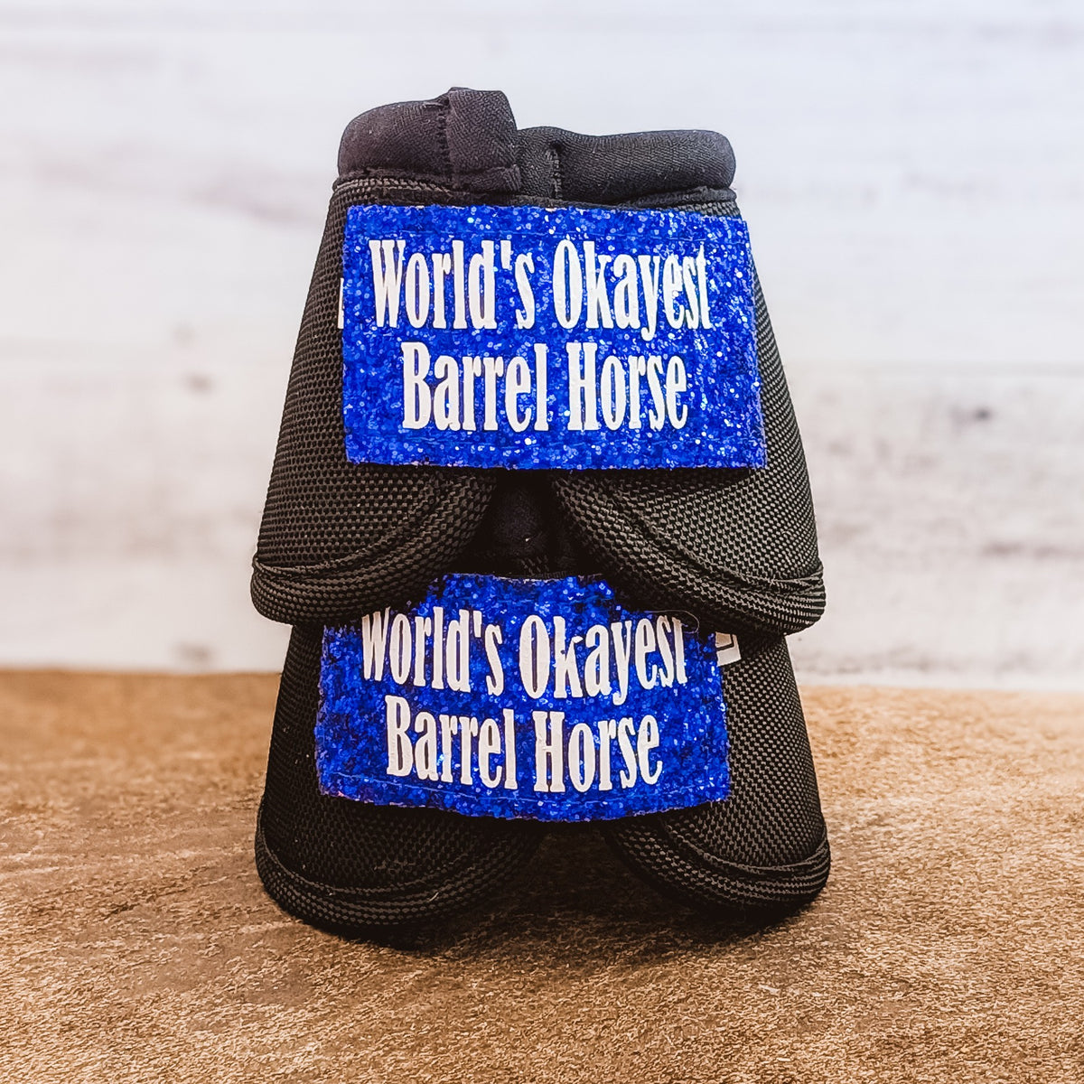 Large Black "World's Okayest Barrel Horse" Weaver Bells w/ Blue Glitter Straps