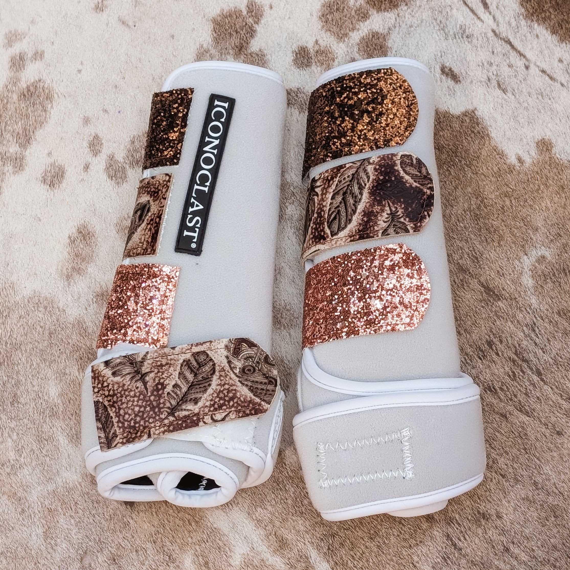 Medium White Iconoclast Fronts w/ Bronze Feather Leather and Brown and Rose Gold Glitter Straps