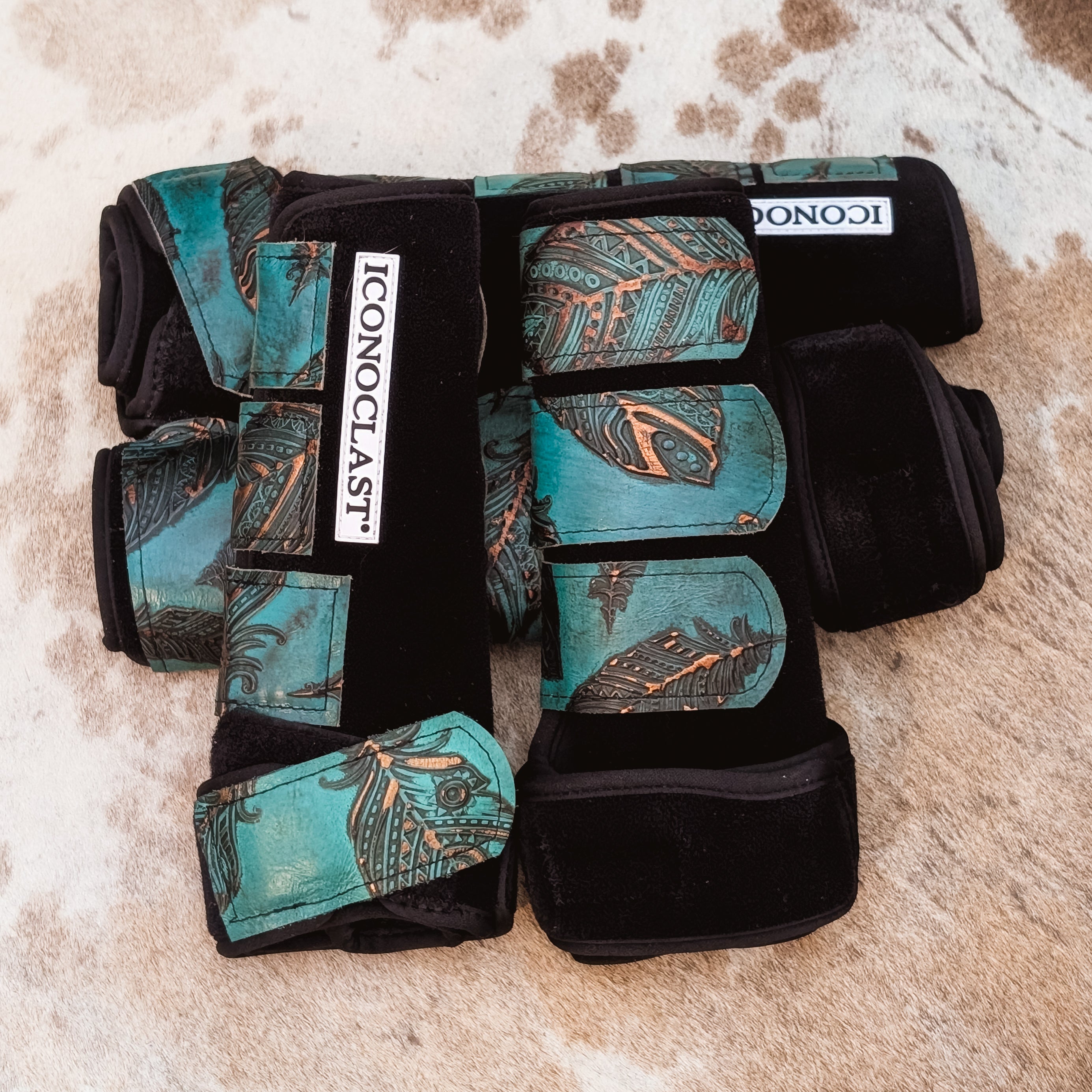 Medium Black Iconoclast Fronts & Tall Hinds w/ Turquoise Gilded Feather Leather Straps