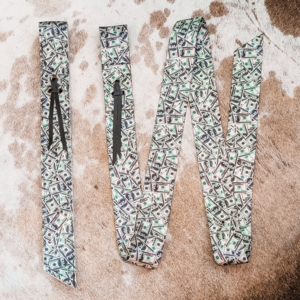 Entry Fees money print nylon latigo and off billet set on cowhide