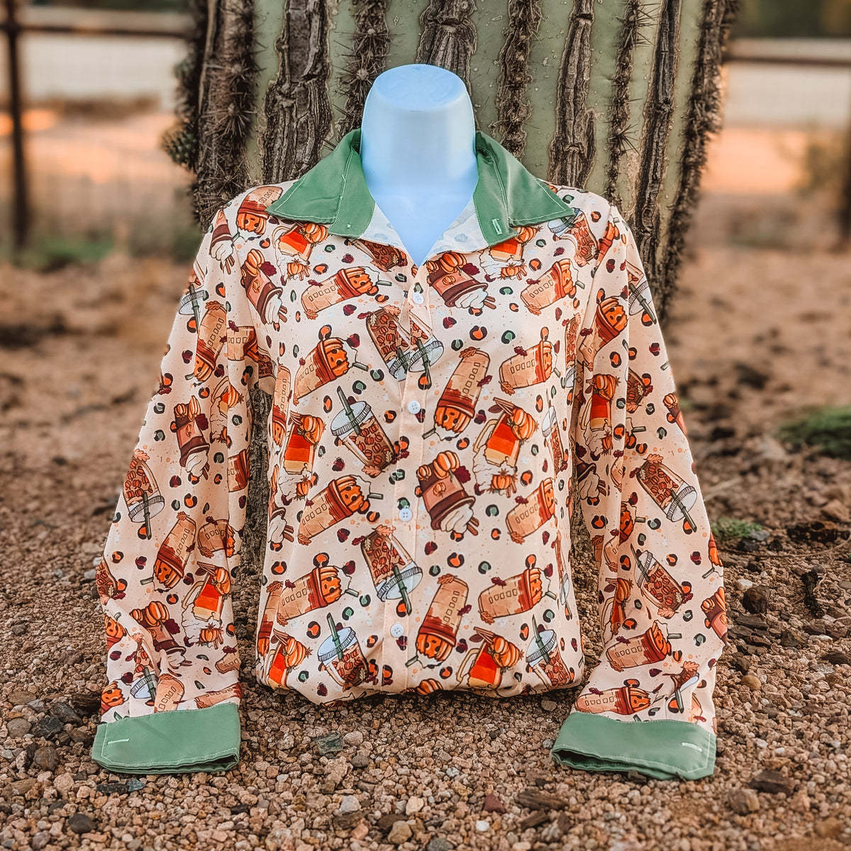 Pumpkin Spice button down with green cuffs and collar