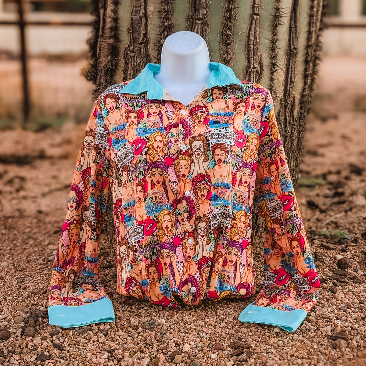 Sarcastic Women button down with turquoise cuffs and collar