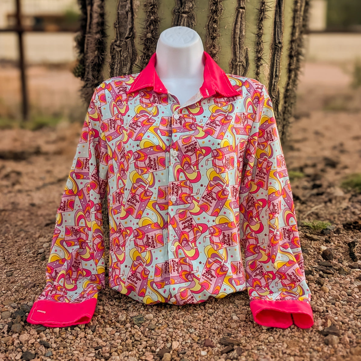 Boys Tears button down with hot pink cuffs and collar