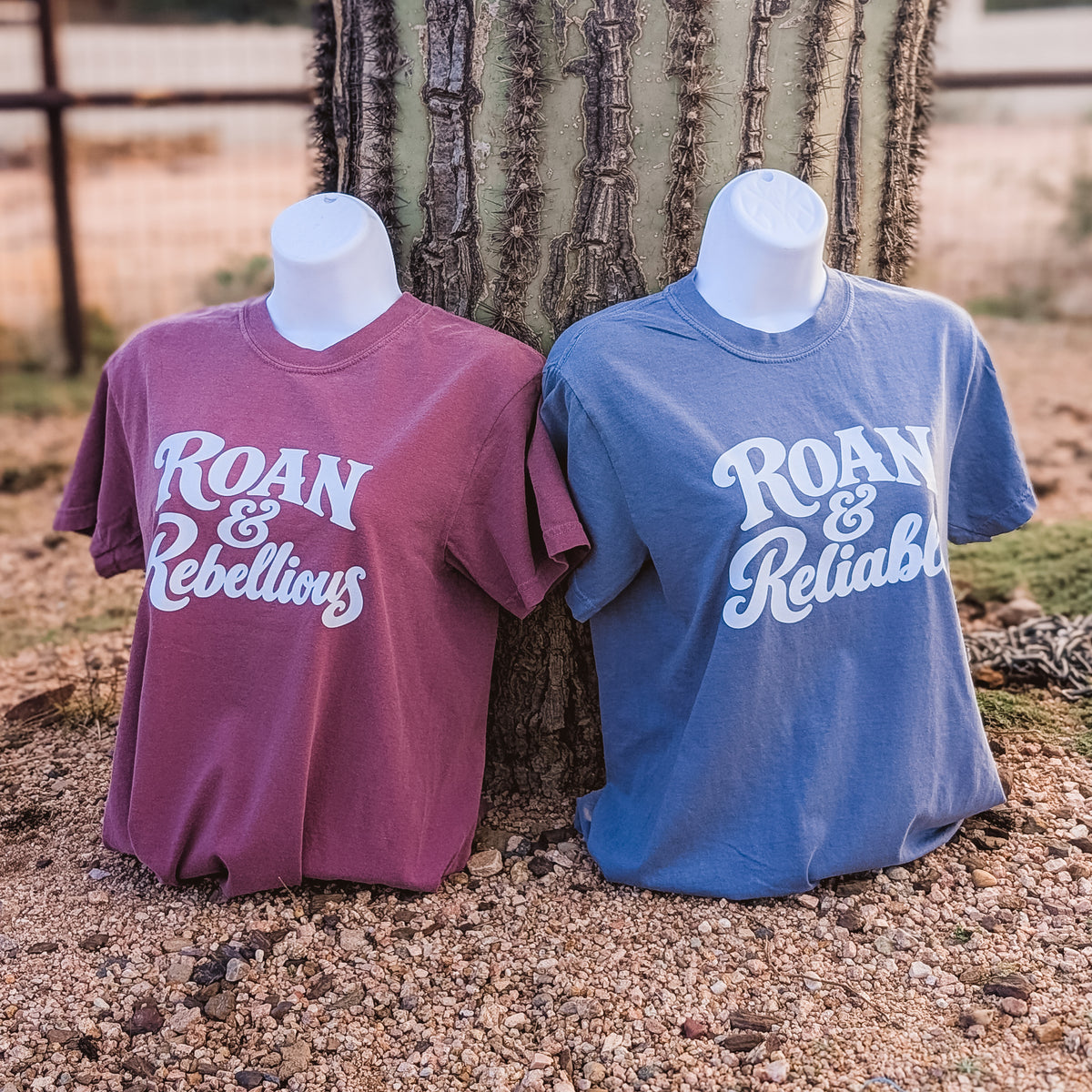Roan & Rebellious and Roan & Reliable Tees side by side
