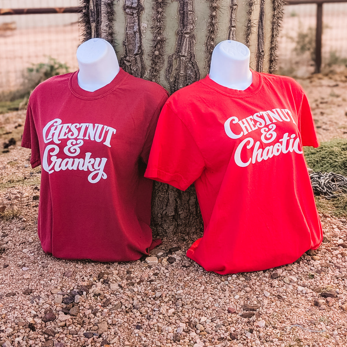Chestnut & Cranky and Chestnut & Chaotic Tees side by side