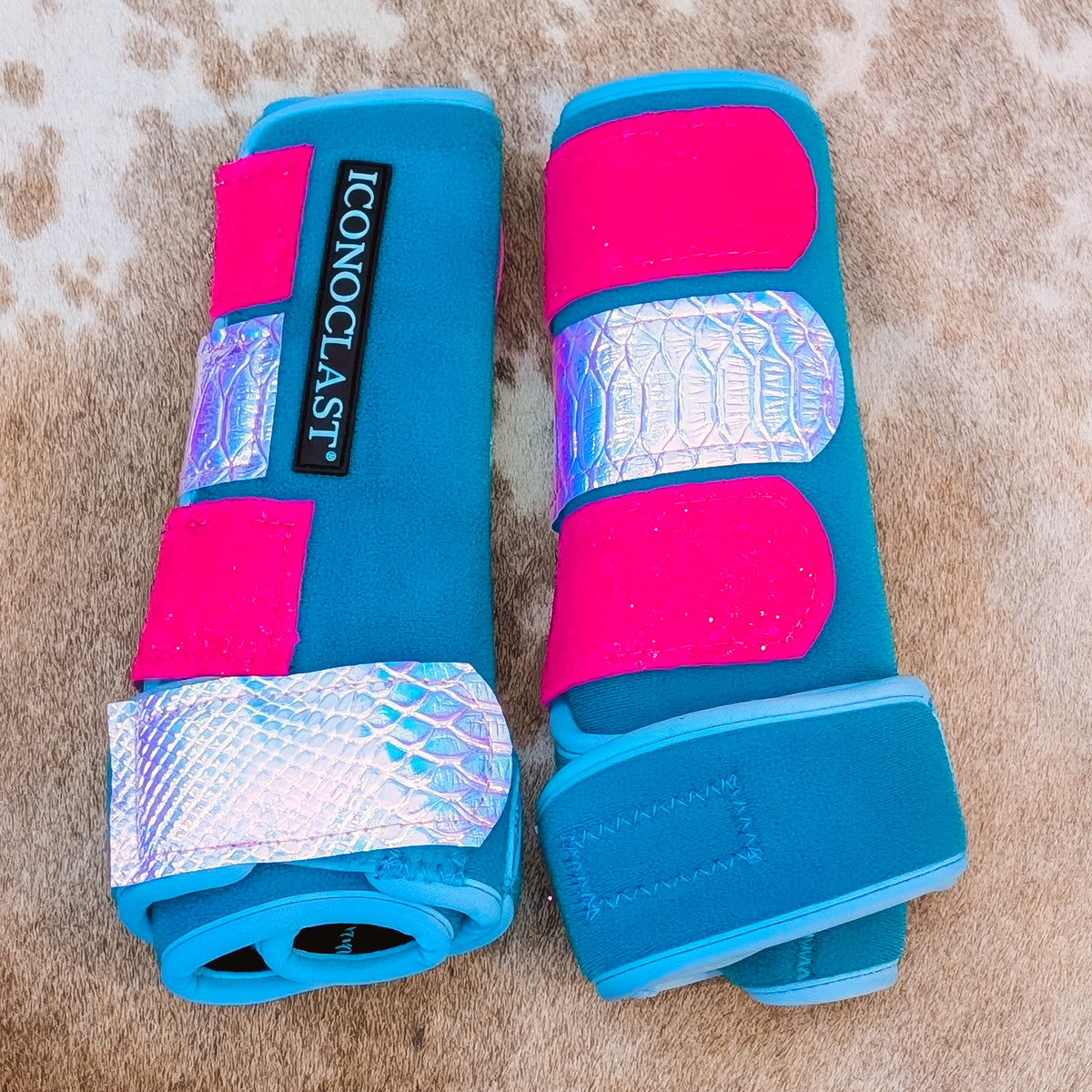 Medium Turquoise Dyed Iconoclast Fronts w/ Pink Holographic Python and Hot Pink Glitter Straps