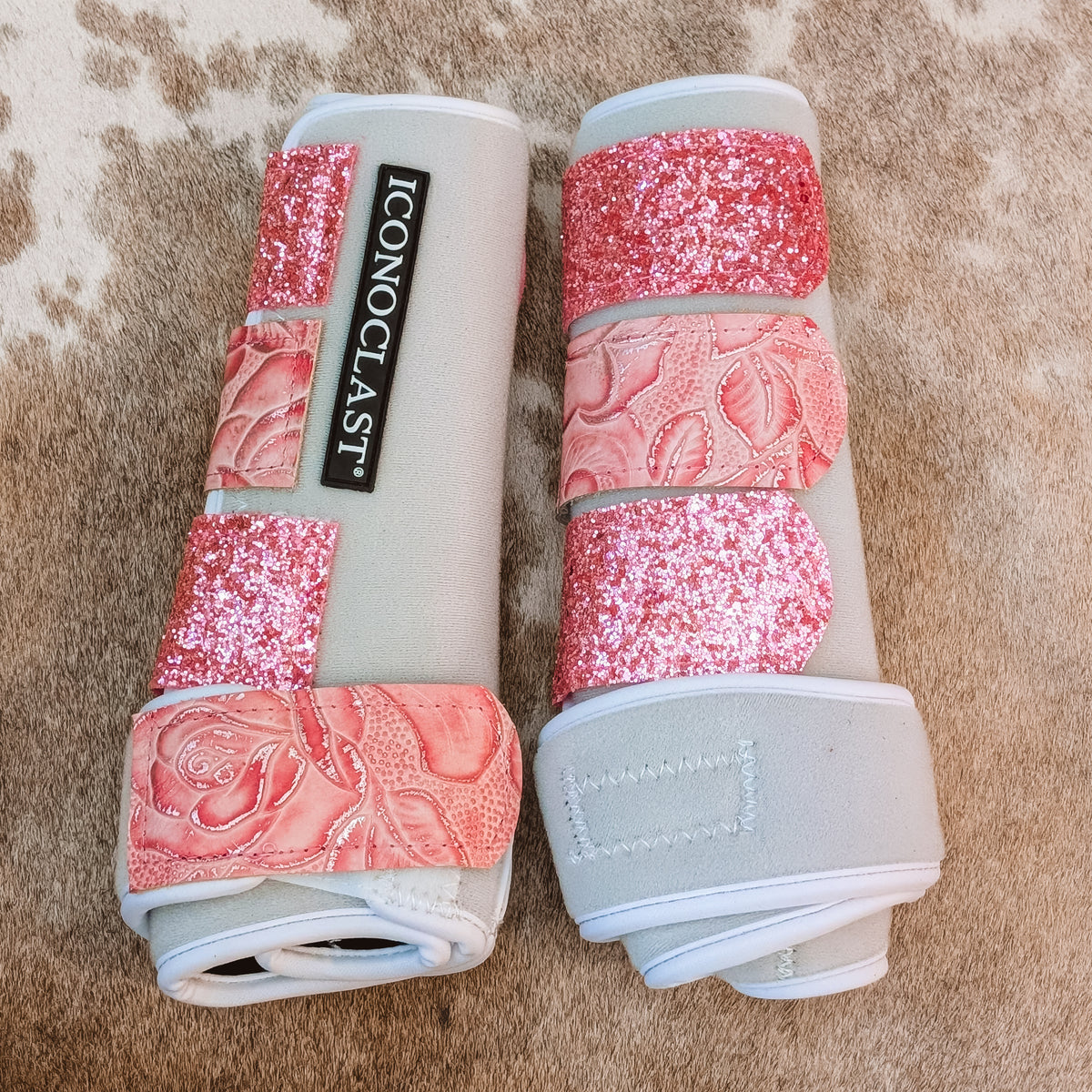 Medium White Iconoclast Fronts w/ Pink Rose Leather and Light Pink Glitter Straps