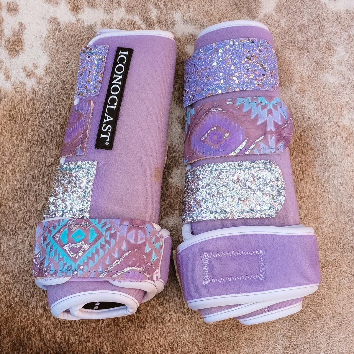 Lavender Dyed Iconoclast Fronts w/ Lavender Aztec Leather and Silver Glitter Straps