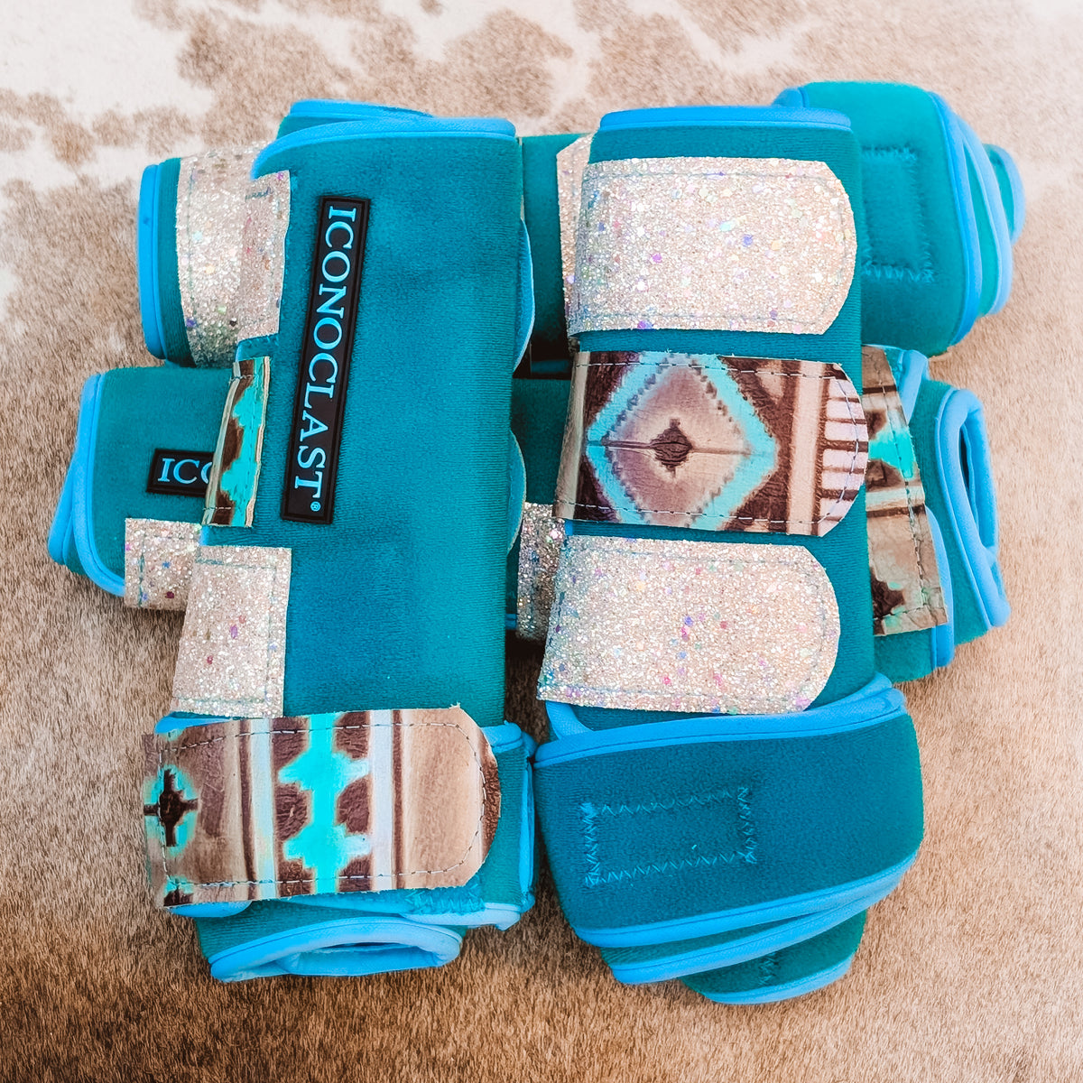 Medium Turquoise Dyed Iconoclast Fronts & Hinds w/ Turquoise Aztec Leather and Cream Glitter Straps