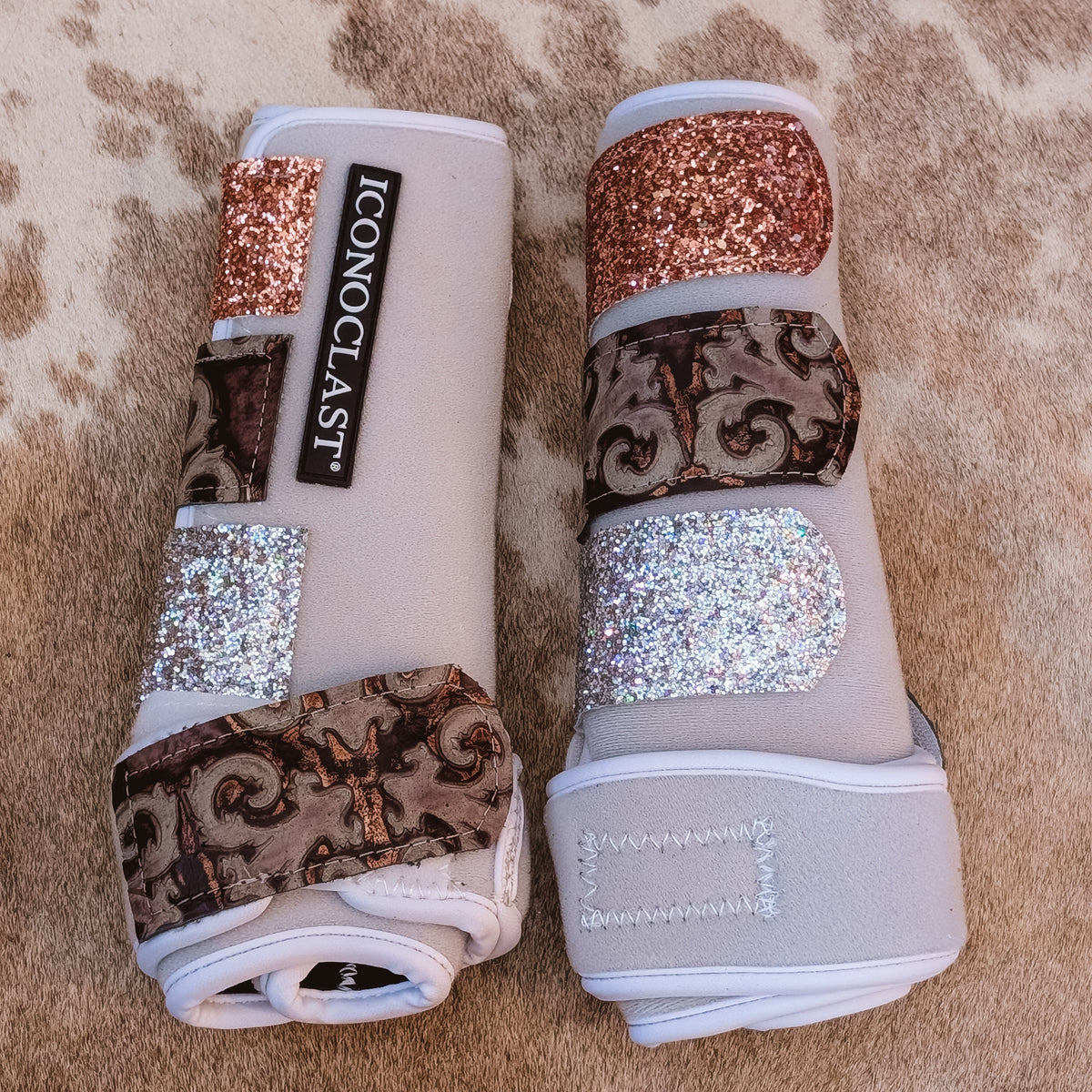 Medium White Iconoclast Fronts w/ Grey Filigree Leather and Rose Gold & Silver Glitter Straps