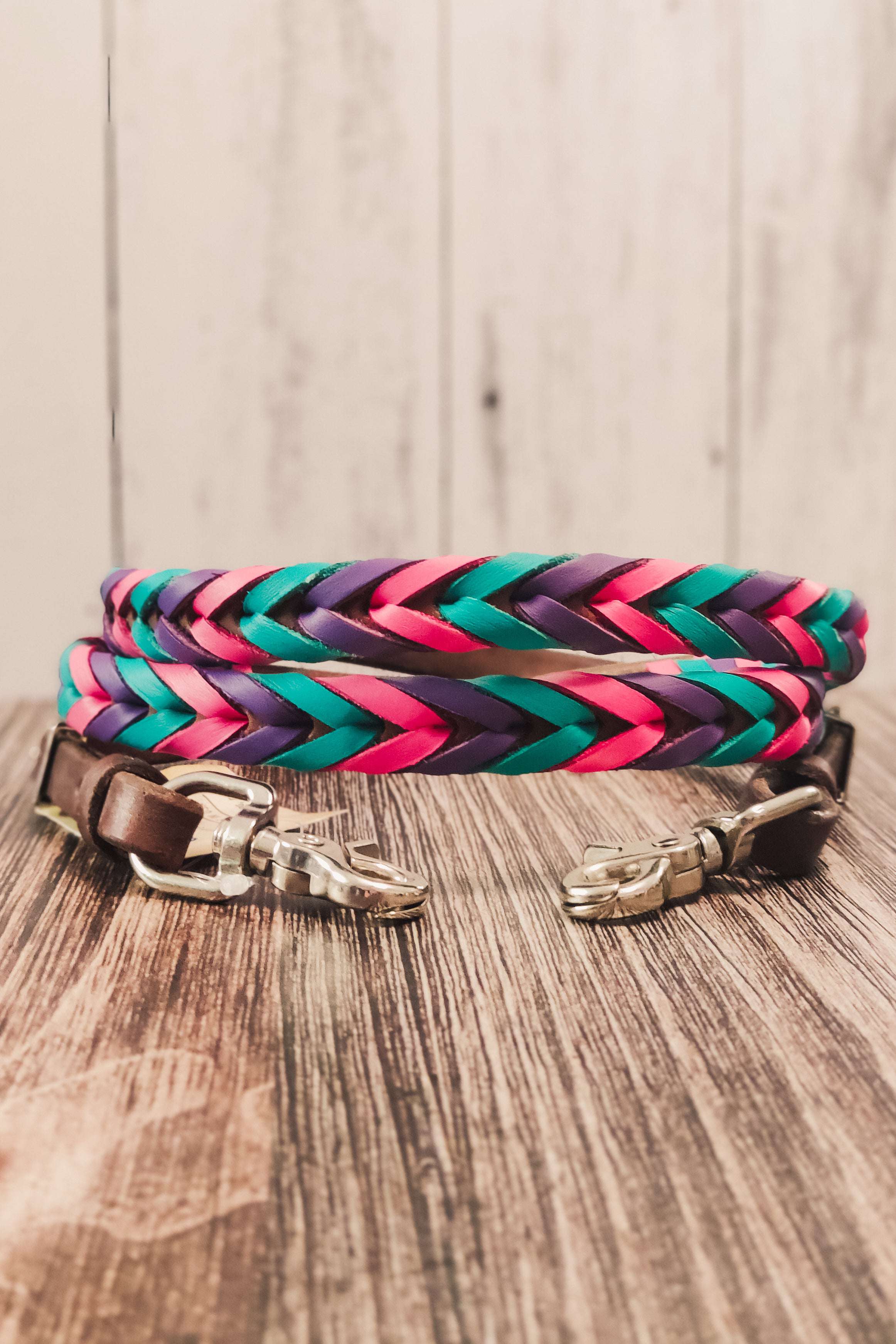 Pink, Purple, & Turquoise Triple Laced Barrel Reins - The Glamorous Cowgirl