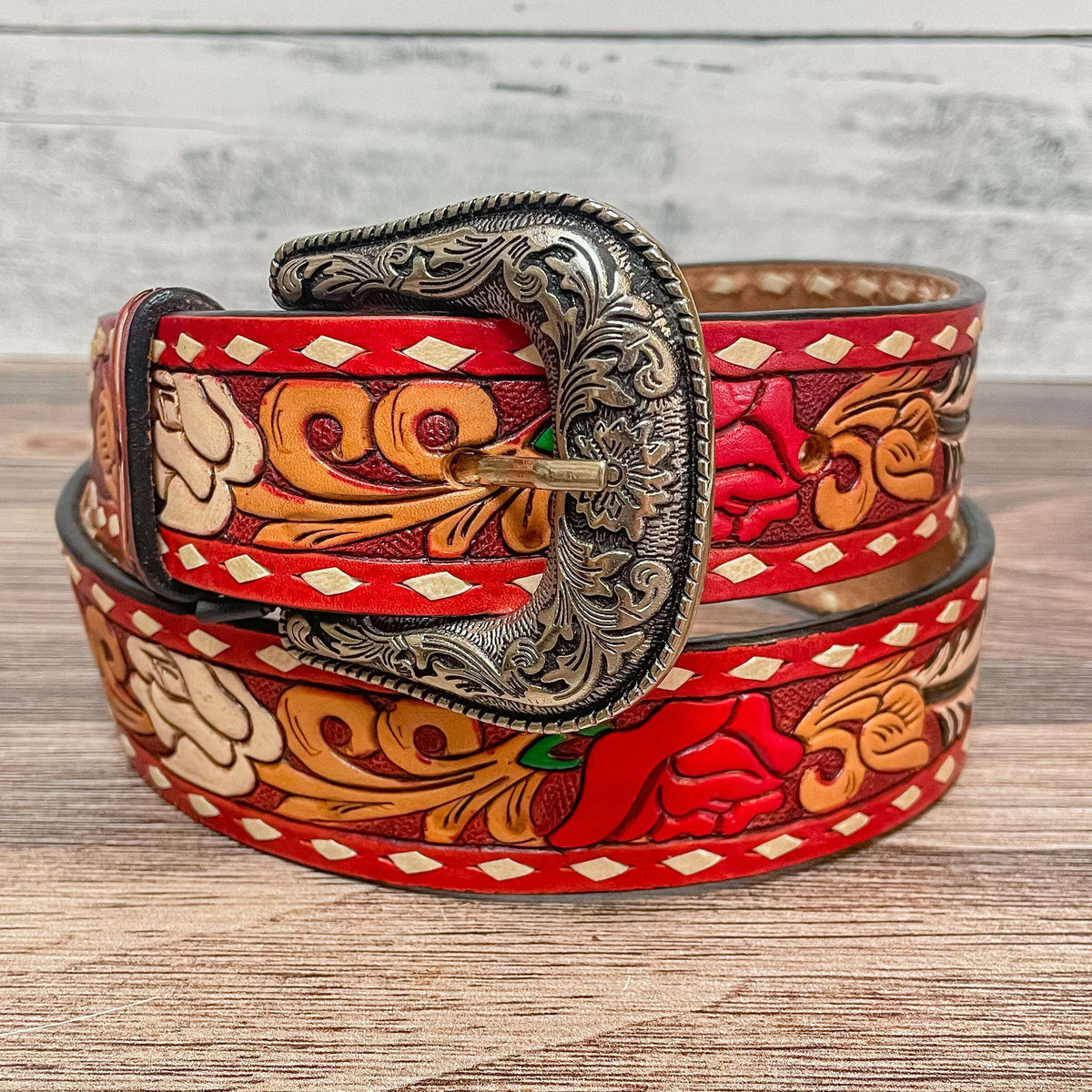 NEW AMERICAN DARLING women\'s leather belt in red American Darling Beautifully Hand Tooled Brown Genuine  main image 2