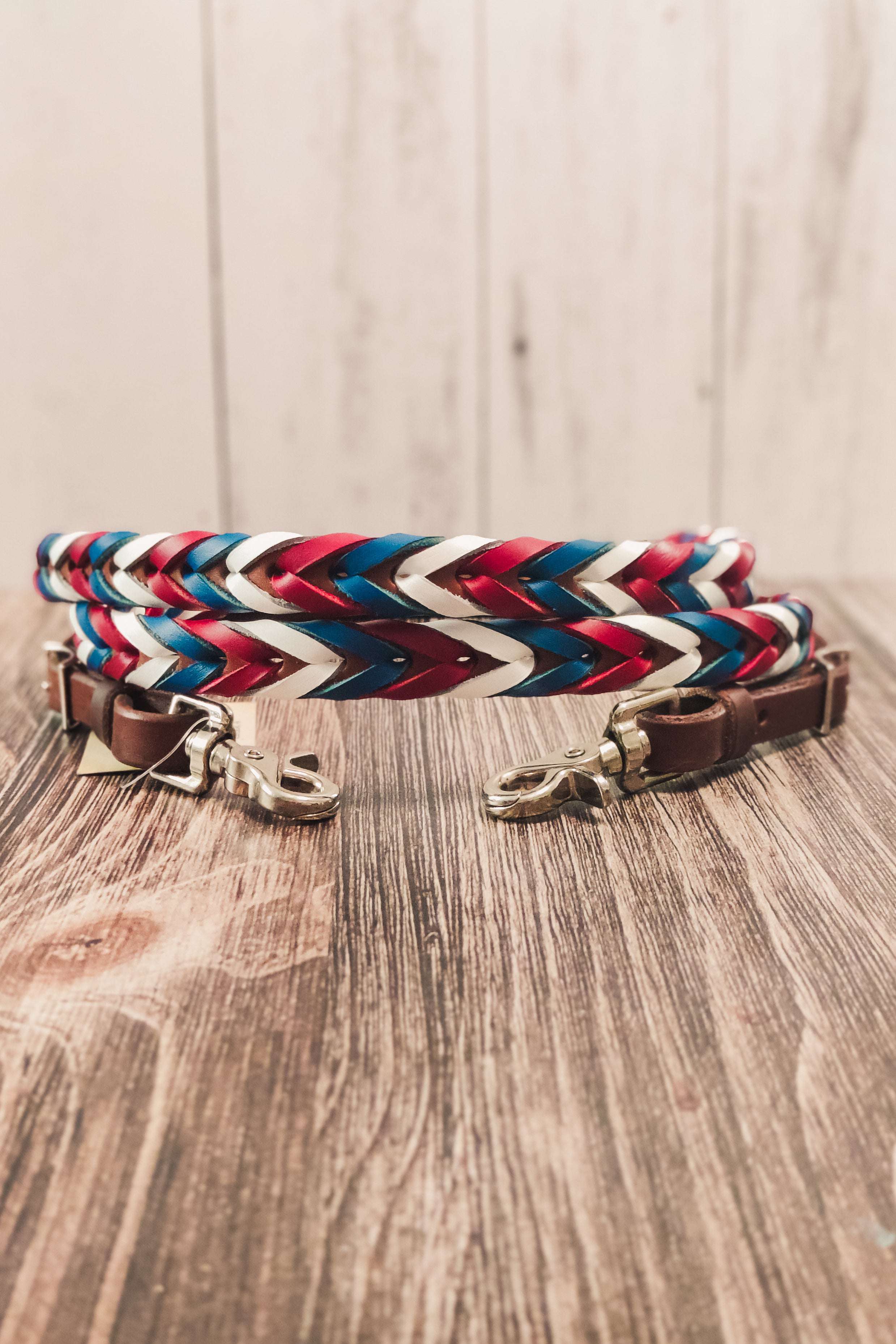 Red White & Blue Triple Laced Barrel Reins - The Glamorous Cowgirl
