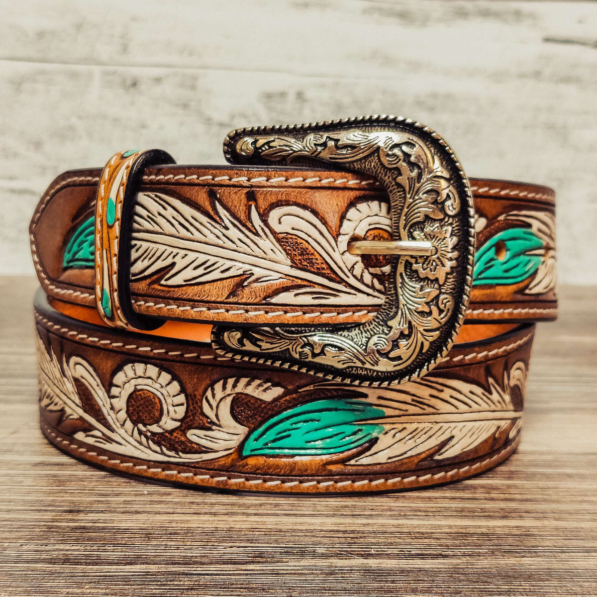 NWT PINK FEATHER HAND-TOOLED LEATHER WOMEN\'S BELT 1.5 main image 2