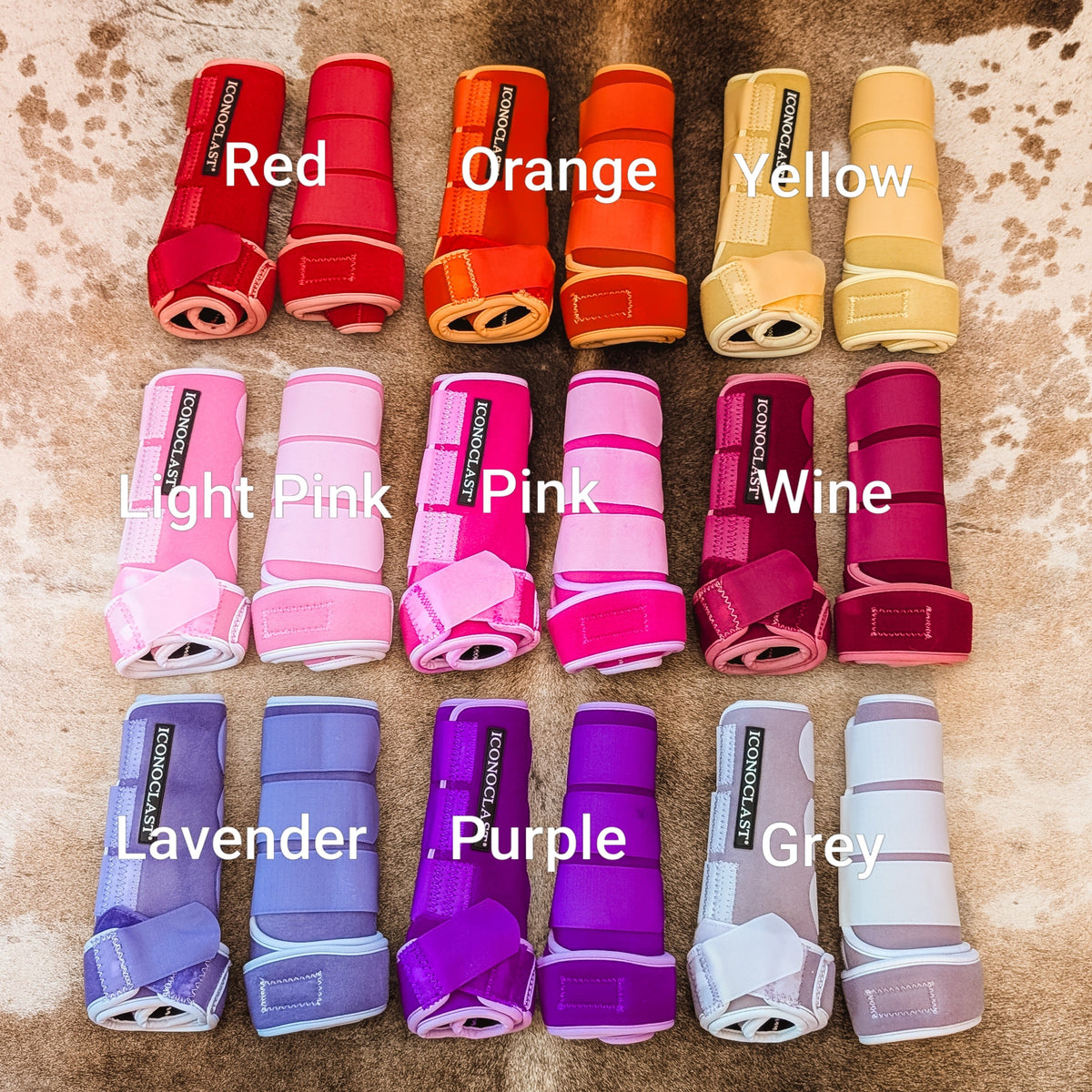 Dye color chart, warm colors: Red, Orange, Yellow, Light Pink, Pink, Wine, Lavender, Purple, Grey