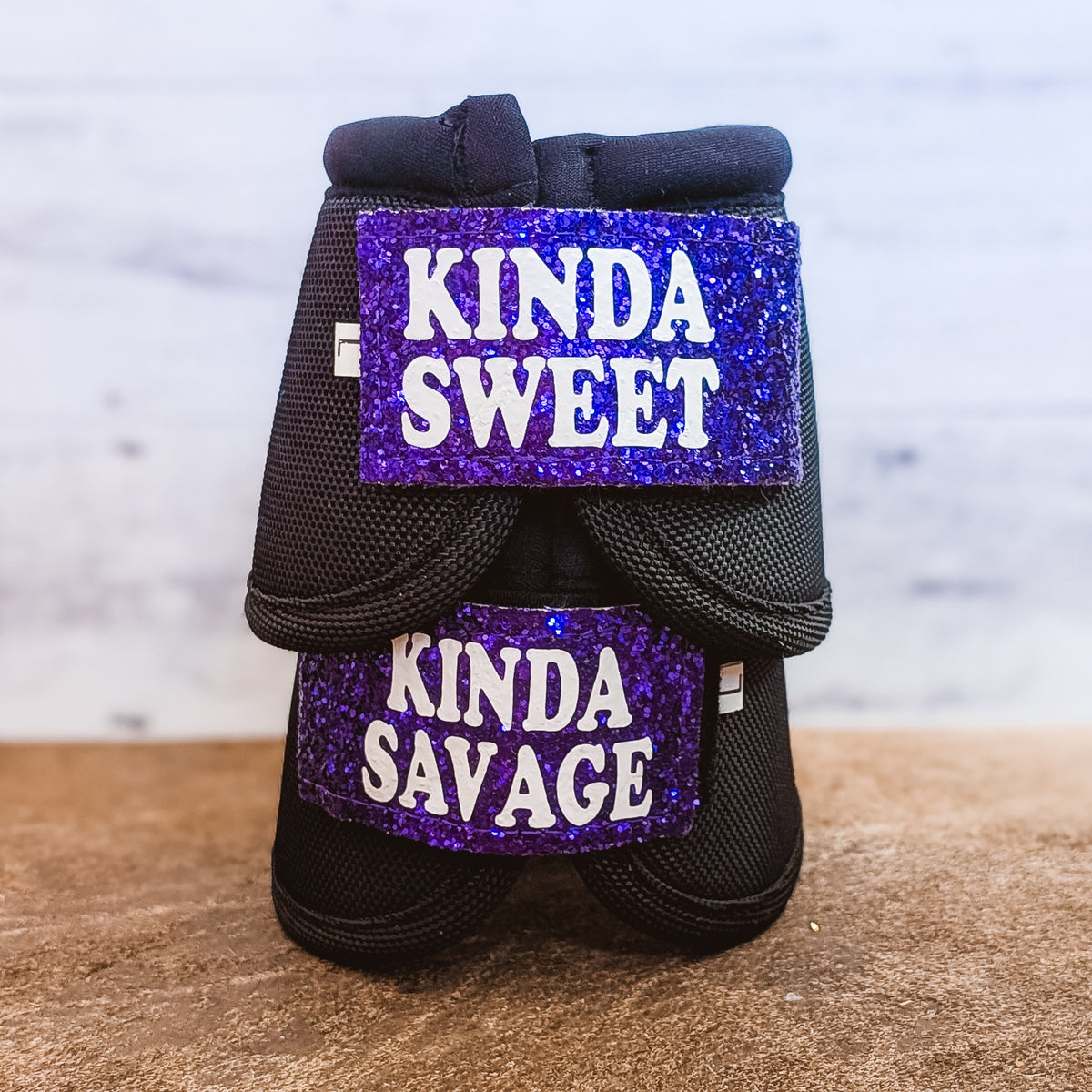 Large Black "Kinda Sweet Kinda Savage" Weaver Bells w/ Purple Glitter Straps