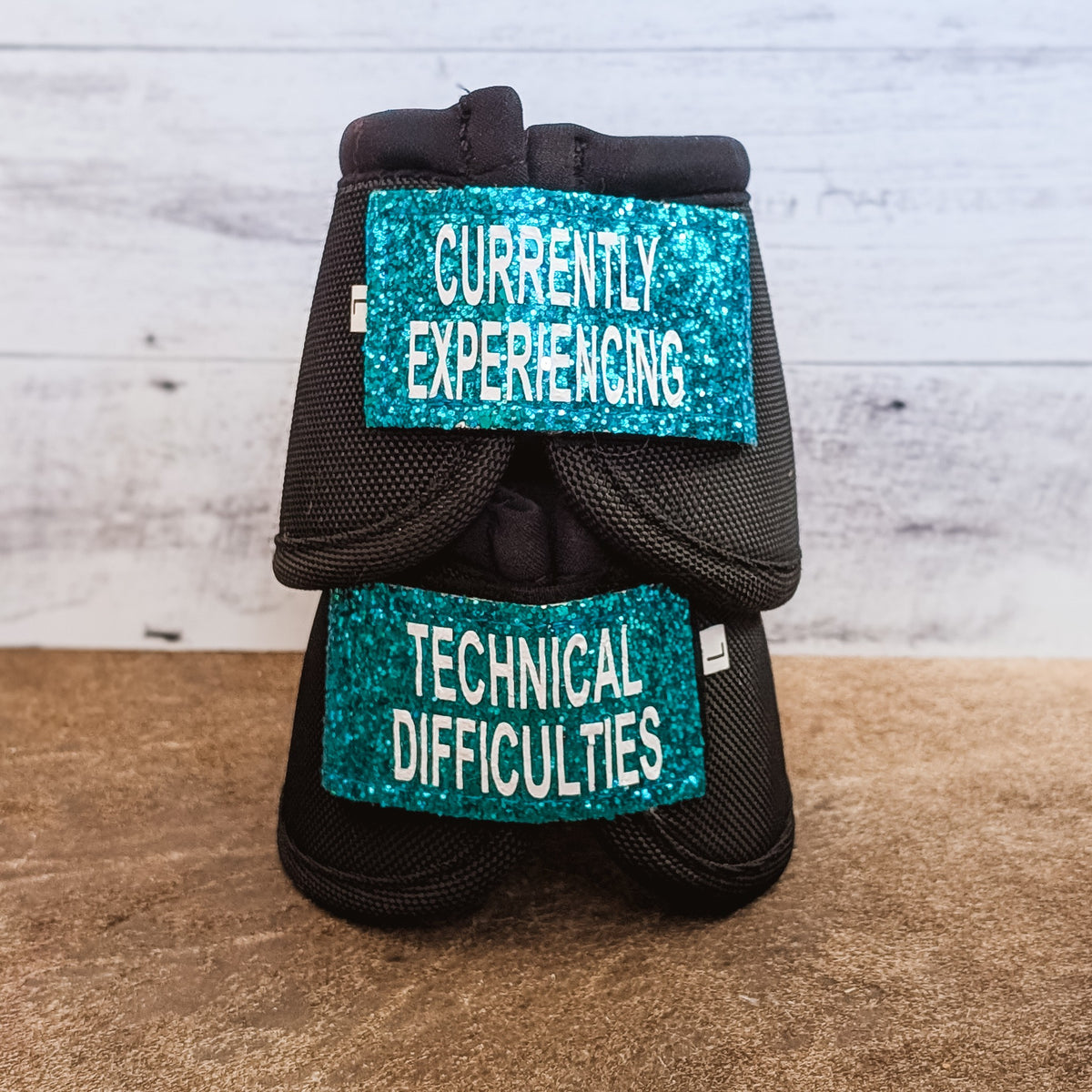 Large Black "Technical Difficulties" Weaver Bells w/ Turquoise Glitter Straps