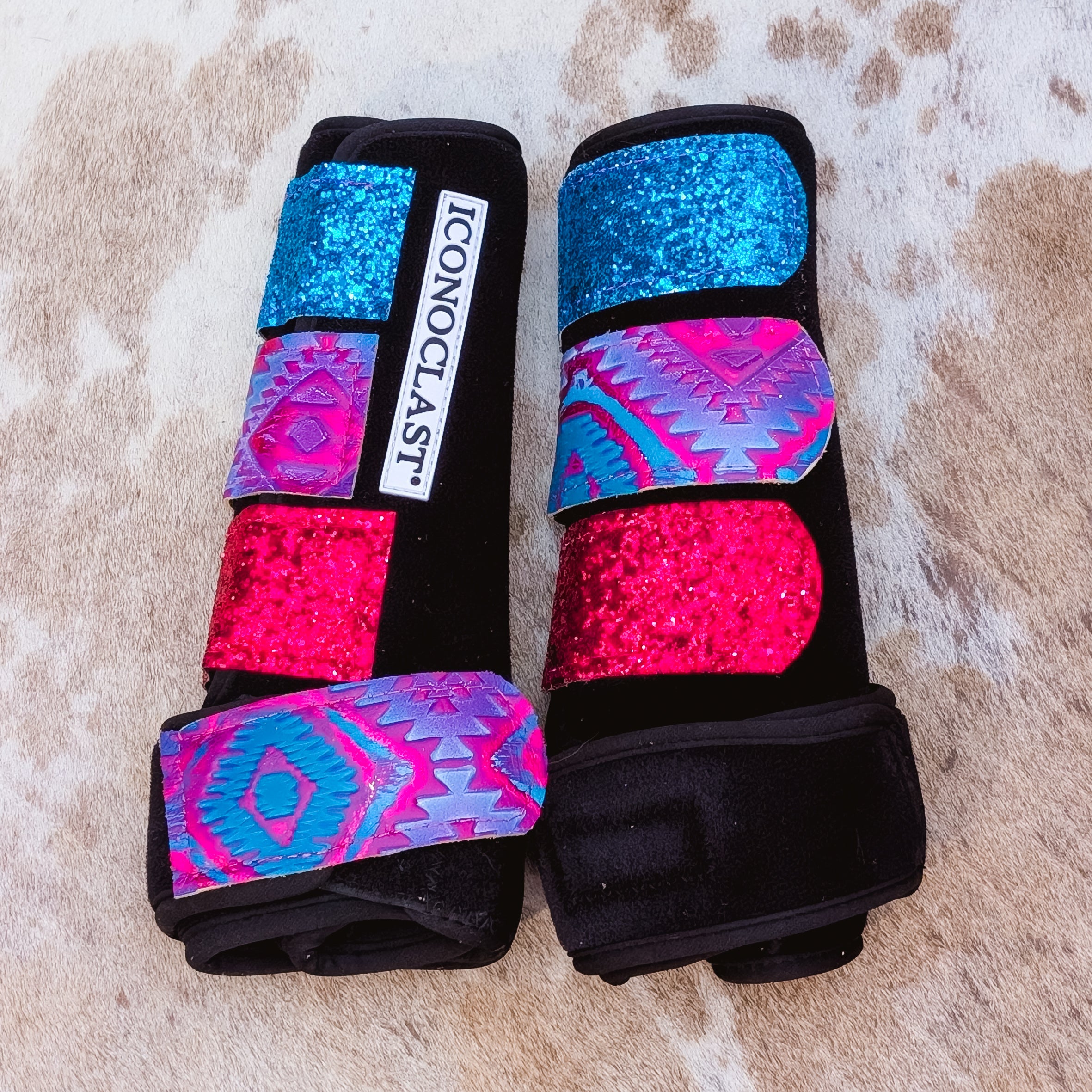 Medium Black Iconoclast Fronts w/ Jewel Aztec Leather and Turquoise and Magenta Glitter Straps
