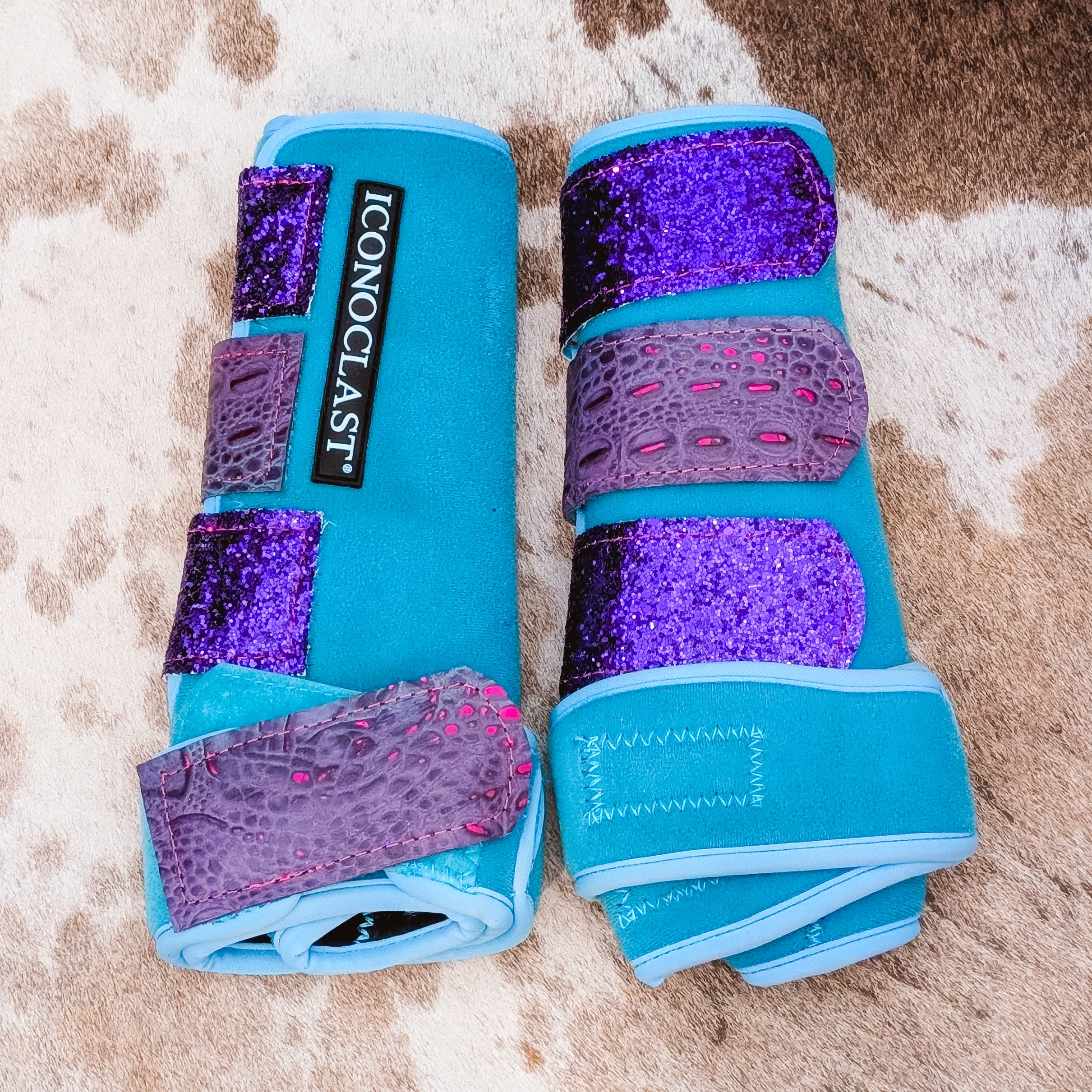 Large Turquoise Dyed Iconoclast Fronts w/ Purple Croc Leather and Purple Glitter Straps