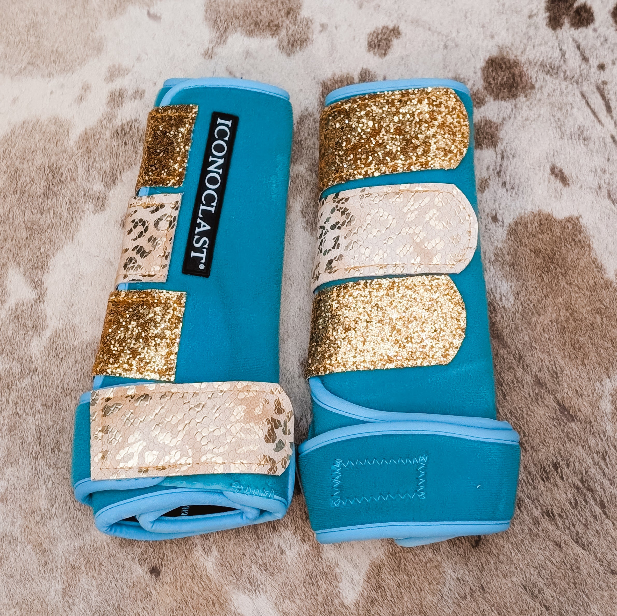 Large Turquoise Dyed Iconoclast Fronts w/ Gold Holo Cheetah and Gold Glitter Straps