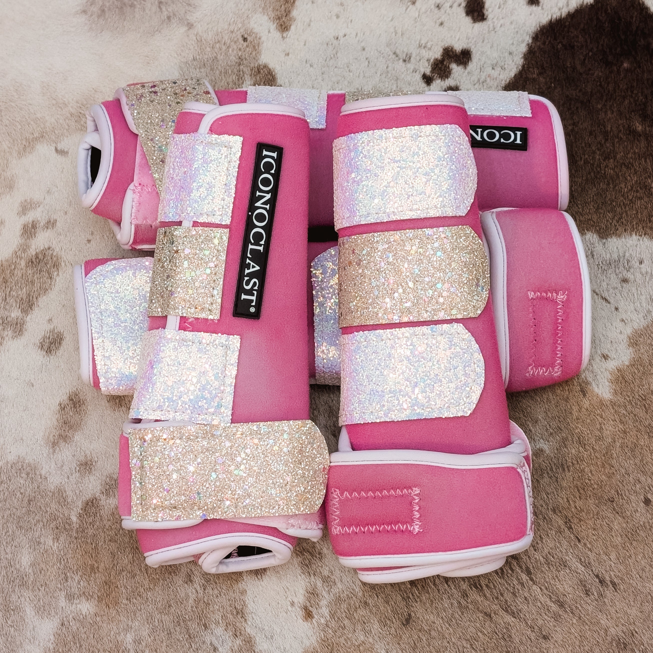 Medium Light Pink Dyed Iconoclast Fronts & Hinds w/ White and Cream Glitter Straps