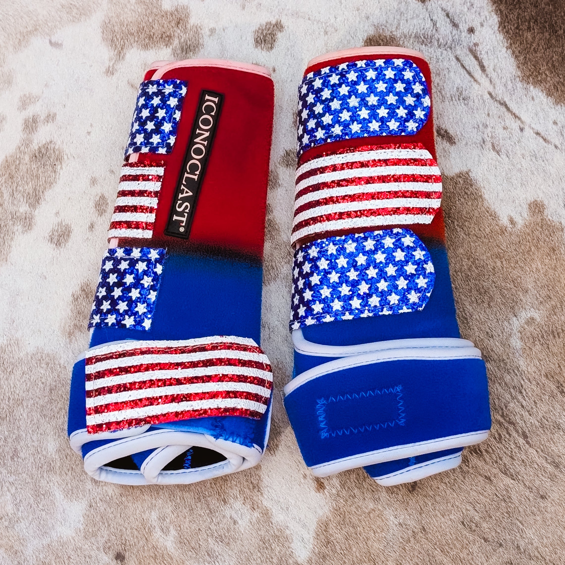 Large Red and Blue Dyed Iconoclast Fronts w/ Stars and Stripes Glitter Straps