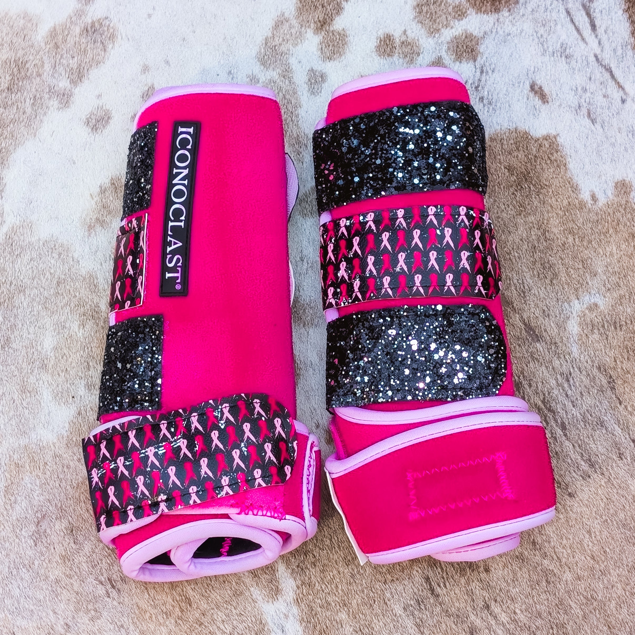 Large Pink Dyed Iconoclast Fronts w/ Cancer Awareness and Pewter Glitter Straps