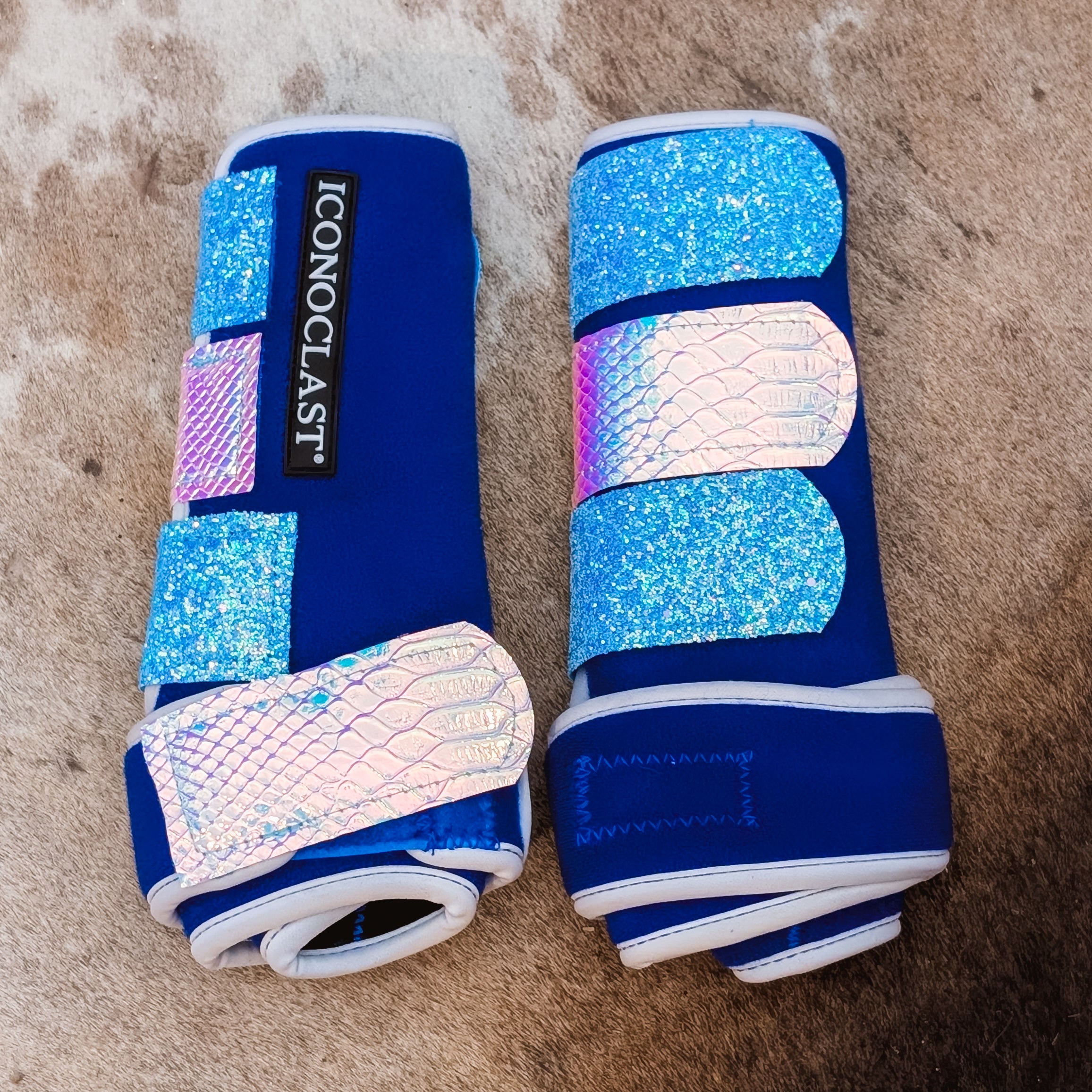 Large Blue Dyed Iconoclast Fronts w/ Pink Holo Python and Light Blue Glitter Straps
