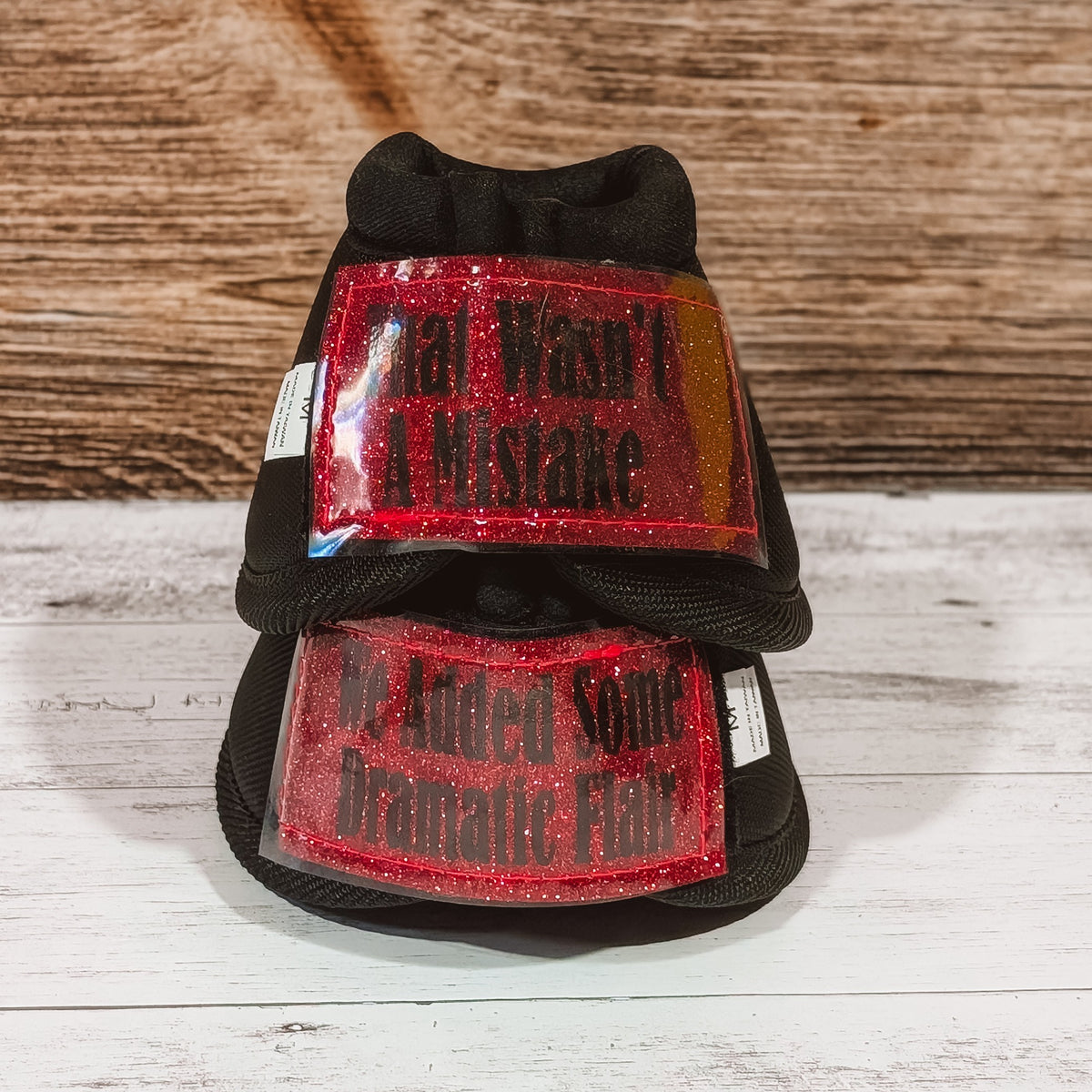 Medium Black "That Wasn't a Mistake" Bells w/ Red Glitter Straps