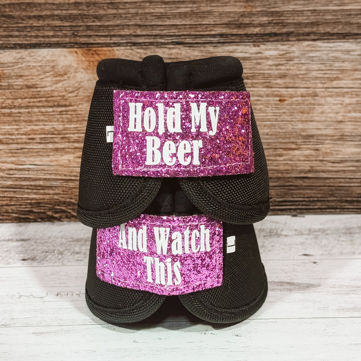 Large Black "Hold My Beer" Weaver Bells w/ Lavender Glitter Straps