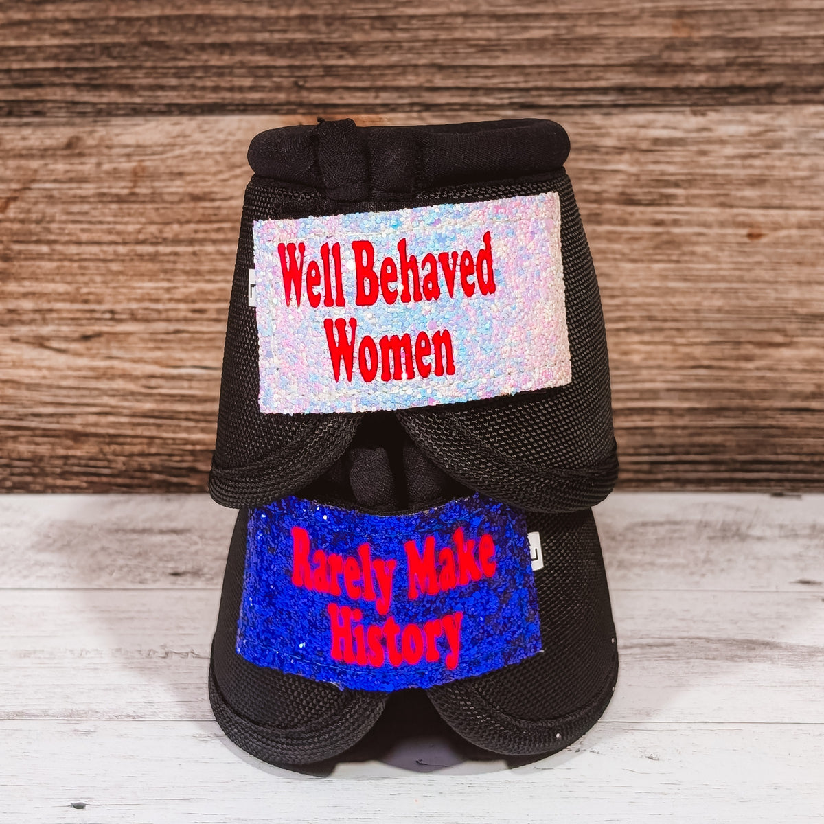 Large Black "Well Behaved Women" Weaver Bells w/ White/Blue Glitter Straps