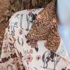 Prairie Days button down, cream horse print with tooled print collar and cuffs