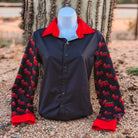 Howdy button down, black body with printed sleeves and red cuffs and collar