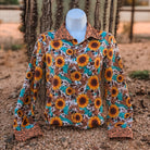 Sunny Daze button down, sunflower print over cowhide and turquoise with cheetah cuffs and collar