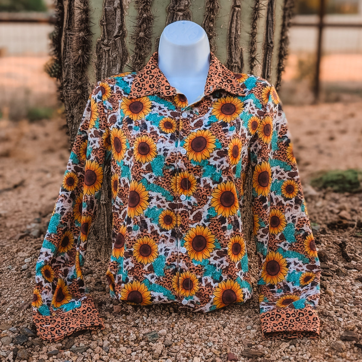 Sunny Daze button down, sunflower print over cowhide and turquoise with cheetah cuffs and collar