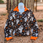 Boo You Scared Me button down, black ghost print with orange cuffs and collar