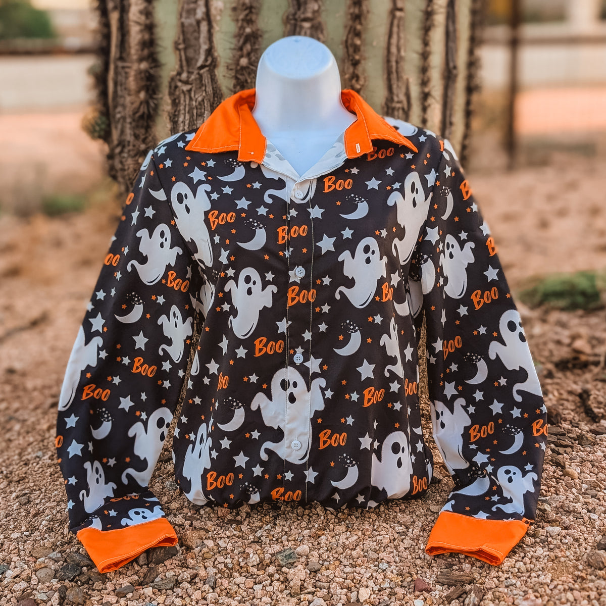 Boo You Scared Me button down, black ghost print with orange cuffs and collar