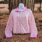 Sassy and Classy button down, pastel print with pale lavender cuffs and collar