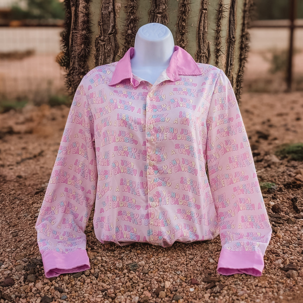 Sassy and Classy button down, pastel print with pale lavender cuffs and collar