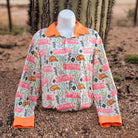 Cowgirl Club button down, mint cowgirl print with orange cuffs and collar