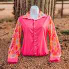 Darling Daisy button down, pink body with light pink daisy print sleeves