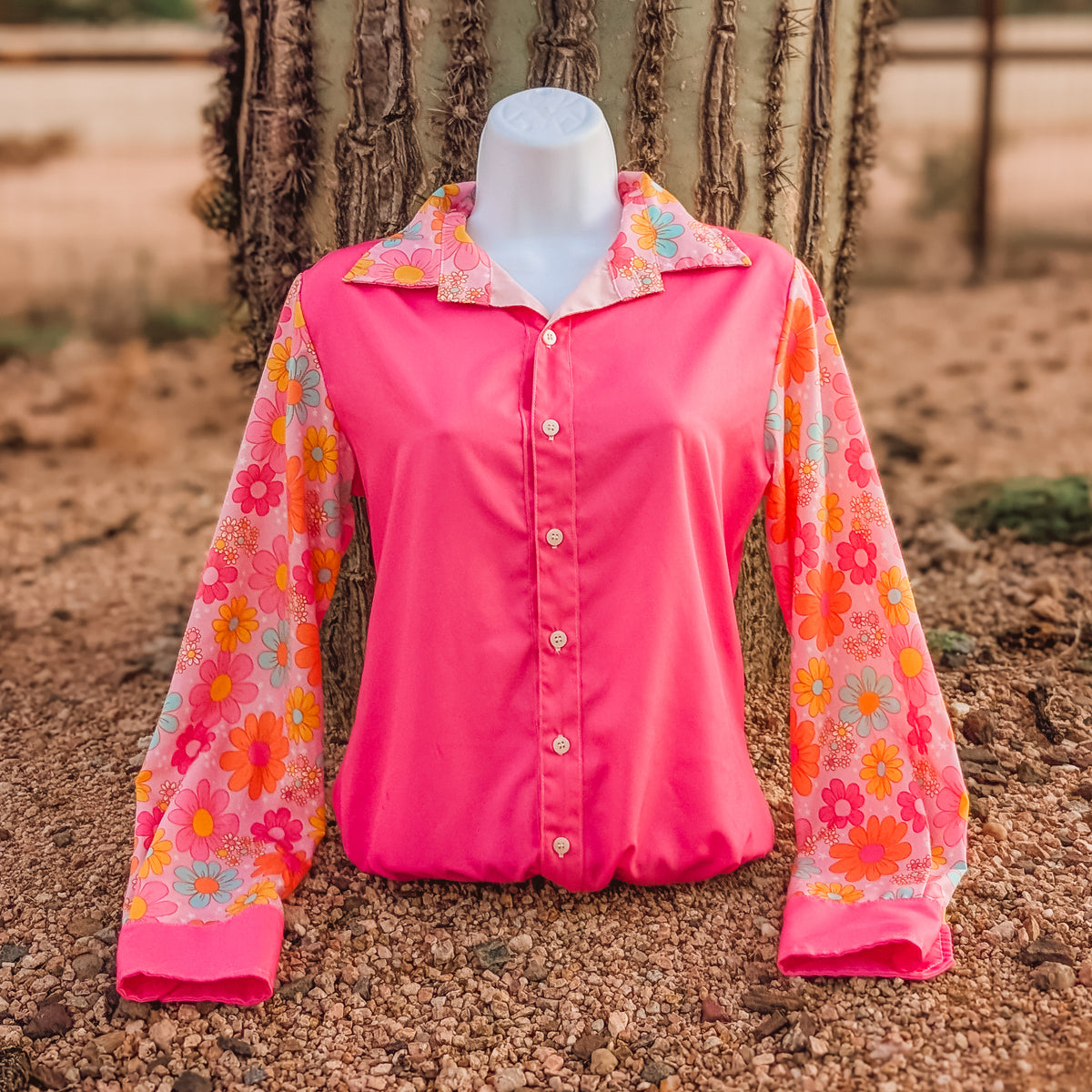 Darling Daisy button down, pink body with light pink daisy print sleeves
