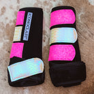 Large black Iconoclast front boots with hot pink glitter straps and white holographic python leather straps
