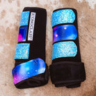 Medium black Iconoclast front boots with galaxy print straps and aqua glitter straps