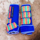 Medium blue dyed Iconoclast front boots with rainbow starburst glitter straps