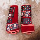 Medium red dyed Iconoclast front boots with Deal Me In playing card, dice and cherry print straps