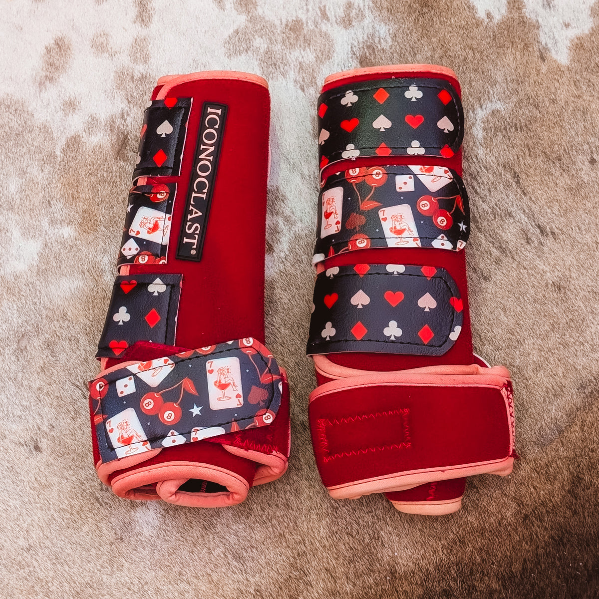 Medium red dyed Iconoclast front boots with Deal Me In playing card, dice and cherry print straps