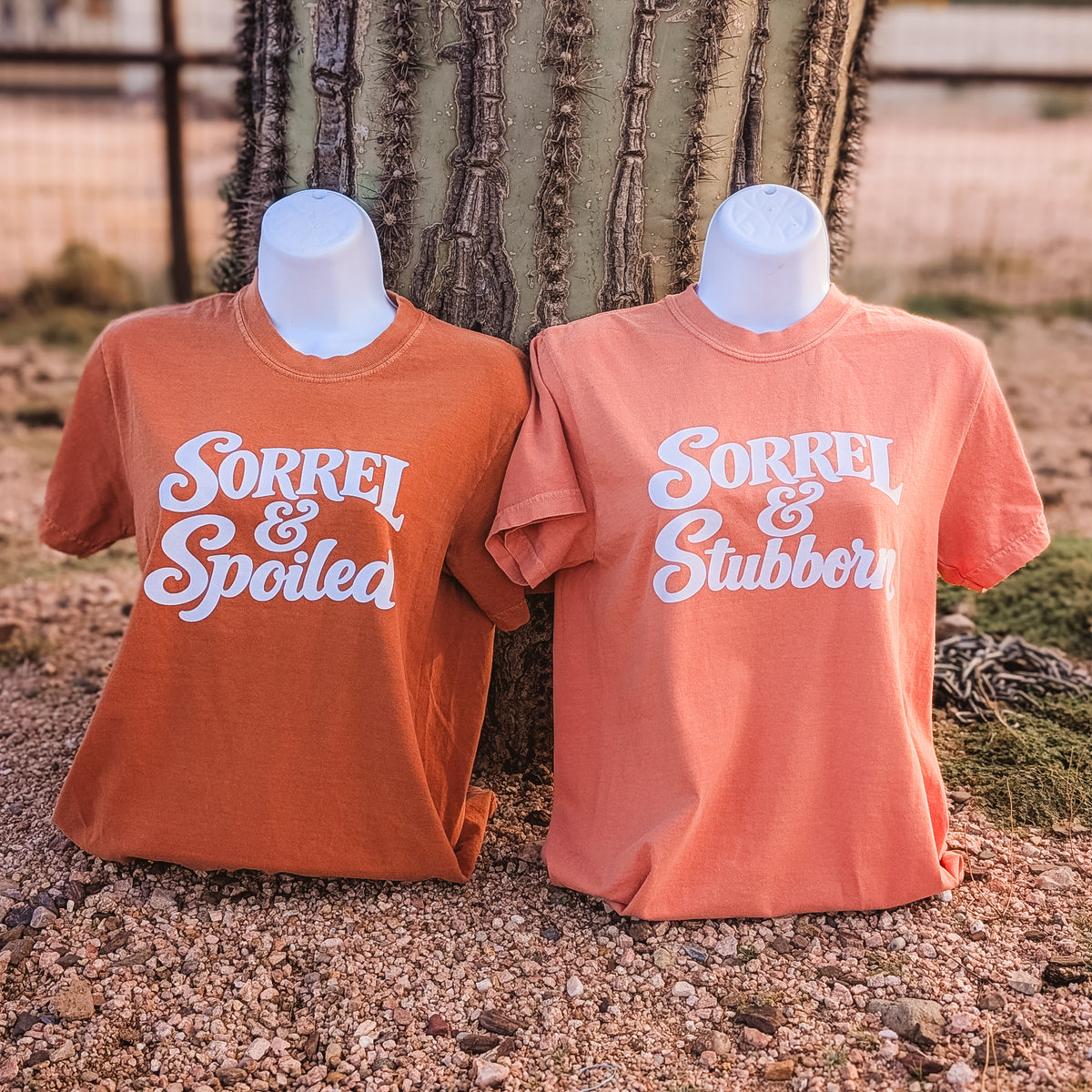 Sorrel & Spoiled and Sorrel & Stubborn Tees side by side