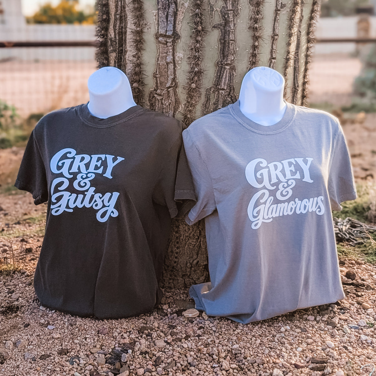 Grey & Gutsy and Grey & Glamorous Tees side by side